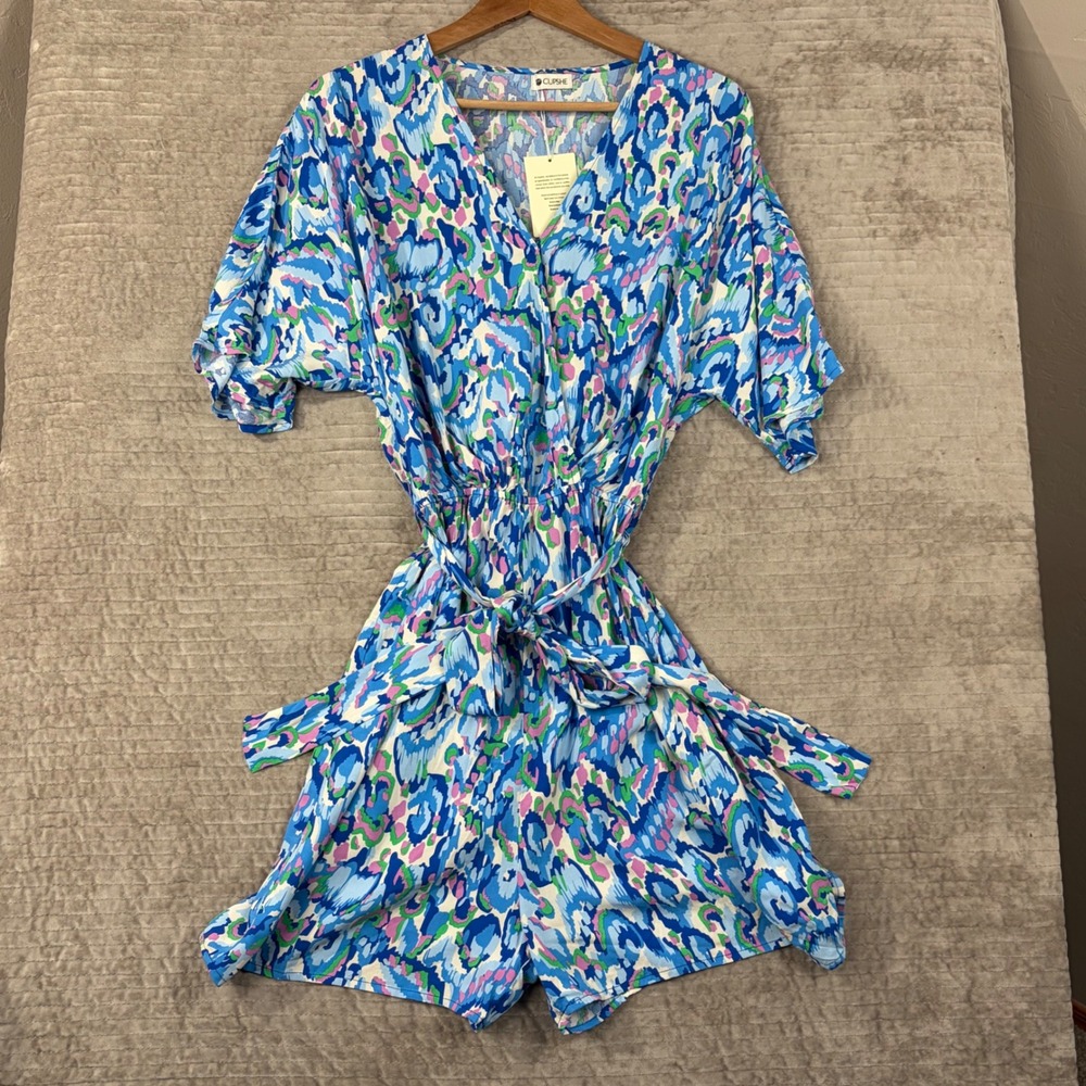 Cupshe Blue Abstract Print V-Neck Romper Small CAA13E3D025TS‎ New